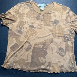 Daniel Benjamin Y2K Newspaper Print Baby Tee Retro Pinup Graphic Top USA Size L